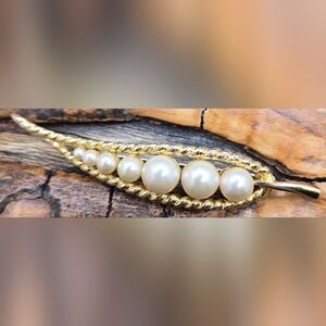 Gold Tone & Pearl Brooch Rollover Clasp Measures 3.5" X .75"